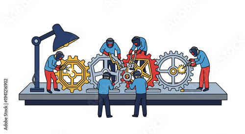 Engineers Assembling Gears and Machinery Components.