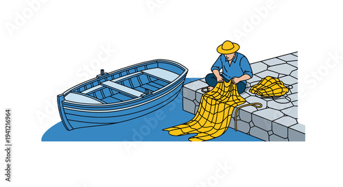 Fisherman repairing fishing net by boat.