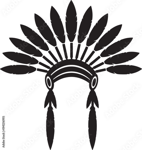 Black native american headdress with feathers on white background also transparent background