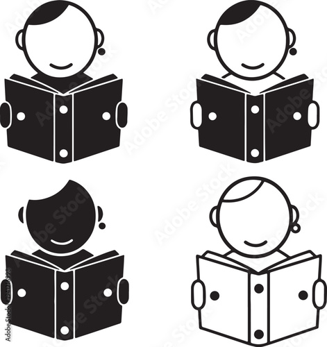 Four cartoon people with different hairstyles and skin tones reading or holding books with various colors and expressions on their faces also transparent background