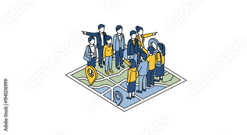 Group of People Standing on Map.