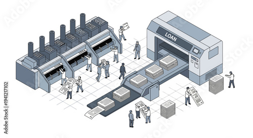 Industrial Printing Press Facility with Workers.