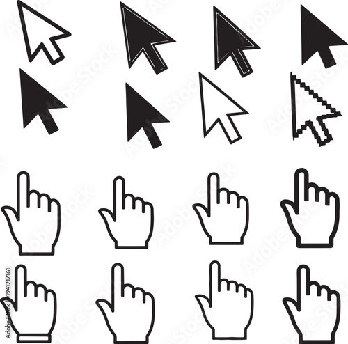 Black and white computer mouse cursors and pointing hands also transparent background 1