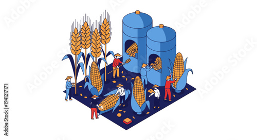 Isometric Illustration of Farmers Harvesting Crops.