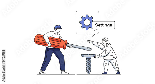 Man Adjusting Settings with Large Gear Tool.