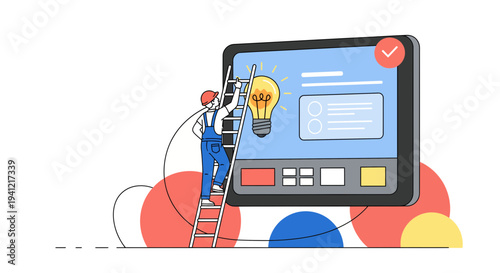 Man Climbing Ladder to Large Computer Screen.