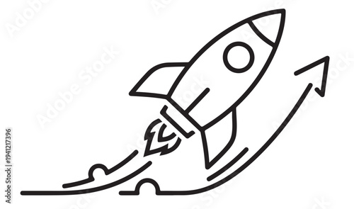 A simple line drawing of a rocket ship blasting off into space