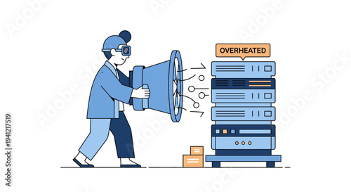 Man Shouting at Overheated Computer Server.