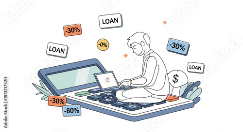 Man sitting on laptop surrounded by loan.
