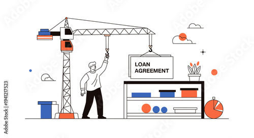 Man Signing Loan Agreement Under Crane.