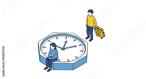 Man Sitting on Large Clock with Luggage.