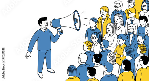 Man Speaking to Crowd with Megaphone.