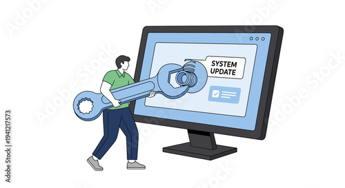 Man Updating Computer System with Large Wrench.