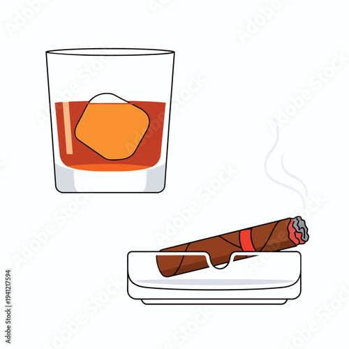 Whiskey glass with cigar in ashtray vector illustration, eps fille