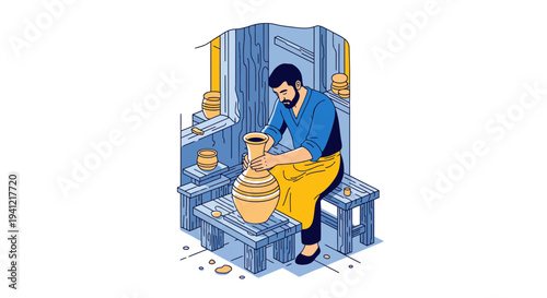 Potter crafting a clay pot on wheel.