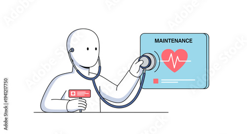 Robot Character Holding Stethoscope Near Computer Screen.