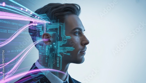 Double exposure profile of a man overlaid with glowing circuit boards and fiber optic light trails representing artificial intelligence.