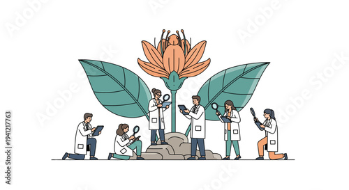Scientists Studying Large Flower in Lab.