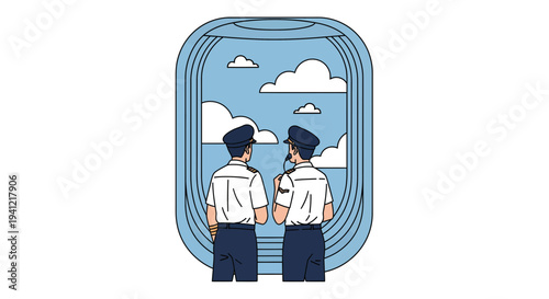 Two Pilots Standing in Cockpit View.