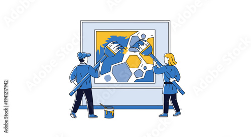 Two Workers Painting Large Artwork Together.