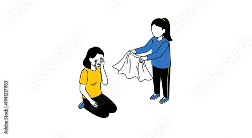 Woman Giving Clothes to Kneeling Woman.