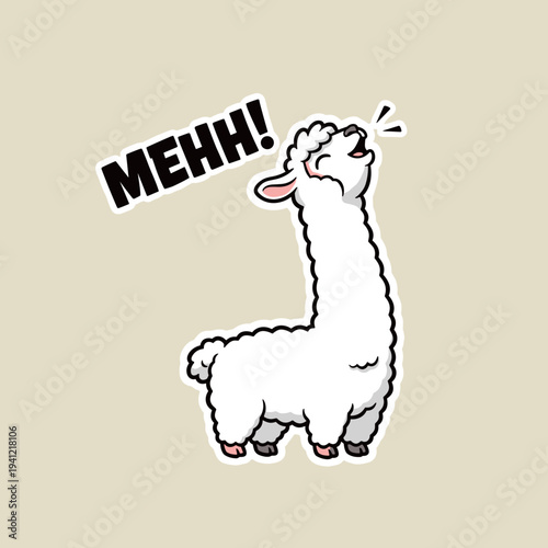 Cute cartoon alpaca sticker with long neck shouting mehh in flat vector style isolated on plain background for children design and print