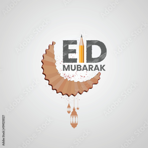 Creative Eid Mubarak concept using a yellow pencil and wood shaving to form a crescent moon with lanterns. Perfect for schools, art studios, and education-themed holiday greetings on a gray background