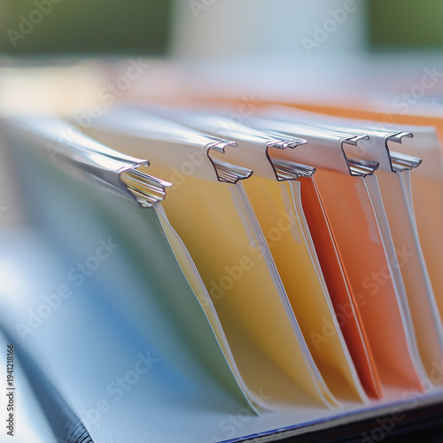Colorful hanging file folders in office organization system
