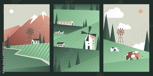 Spring landscape with green fields, rolling hills and cows, abstract cards. Seasonal countryside scene with farm animals. geometric posters with mountains, windmill building