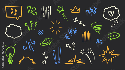 Comic emphasis signs set isolated on black background. Vector cartoon illustration of color speech clouds, exclamation symbol, stars, doodle light bulb, spirals and heart, anime emotion elements