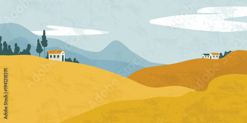 Autumn countryside scene with harvest field and distant mountains. Vector illustration or warm fall landscape background, yellow wheat harvest, village houses on hills, green trees, panorama view