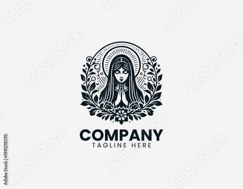 Praying woman with halo and floral vines in clean modern spiritual vector illustration