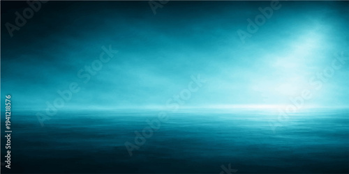 A serene summer seascape captures sunlight rays piercing through a blue sky with clouds over an abstract blue ocean horizon where gentle waves reflect the beauty of nature