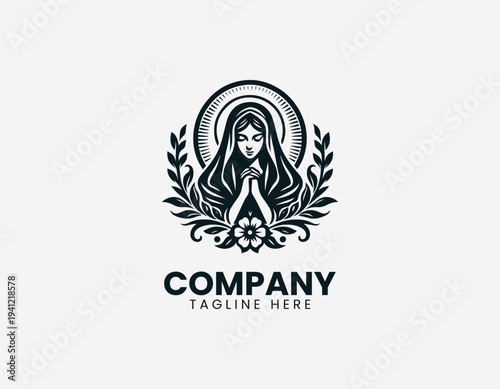 Praying woman with halo and floral vines in clean modern spiritual vector illustration