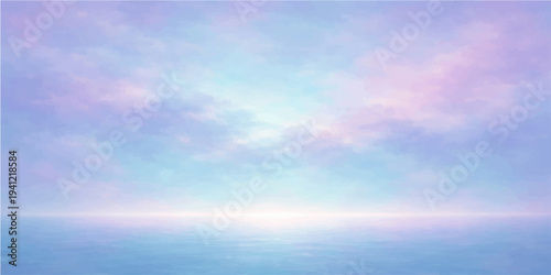 A serene blue sky with white clouds reflects on the calm summer sea surface where the horizon meets the ocean in a beautiful landscape of natural sunlight and clear air