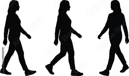 Woman walking side view female walking poses silhouette isolated black vector illustration people movement character set