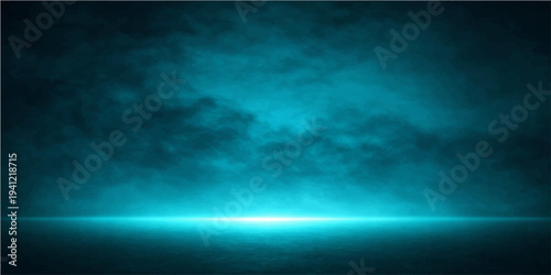 An abstract blue background blending a clear sky with dark storm clouds creates a dramatic nature backdrop featuring a celestial motion of light and shadow across the ocean