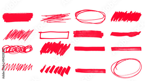 Red Brush & Marker Doodle Collection on Transparent Background – Lines, Scribbles, Circles, and Rectangles for Creative Design