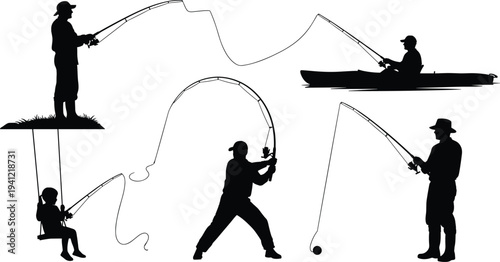 Fishing, silhouettes, fisherman, rod, angler, sport, hobby, lake, river, boat, outdoor, nature, vector, illustration, collection, fishing, activity, design, recreation, concept
