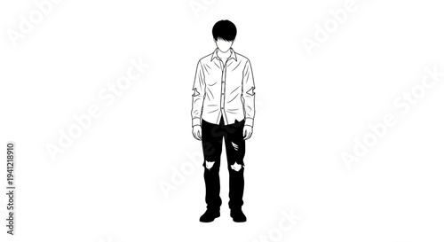 Stylish minimalist line art illustration of a modern person in ripped jeans and a collared shirt