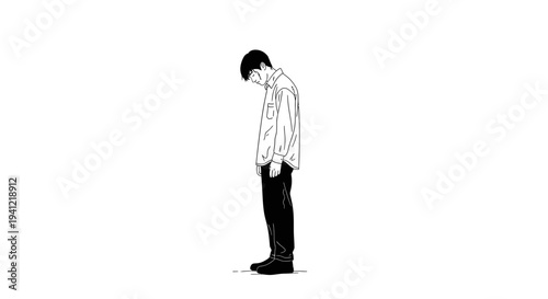 Minimalist drawing of a person standing dejectedly, head down, conveying profound sadness and