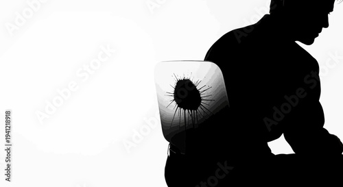 A stark silhouette of a figure against white with an impactful black splatter representing a