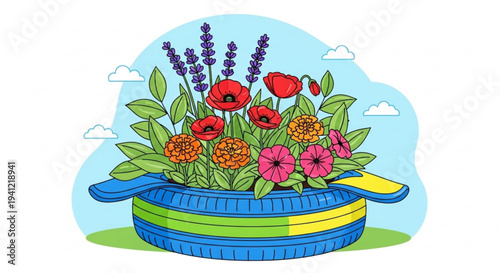 Colorful flowers in a blue and green striped colander on a sunny day with a clear blue sky and white clouds