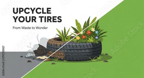 Upcycled tire planter with vibrant flowers and lush greenery transforming waste into eco friendly garden decor
