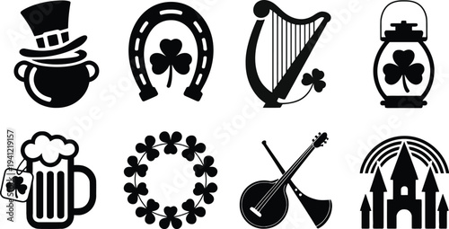 St Patrick’s Day Irish Icons Set with Shamrock, Horseshoe, Harp, Beer Mug and Church Silhouettes