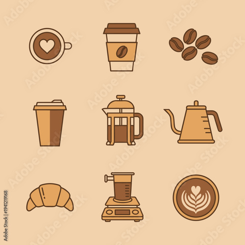 Professional coffee equipment and cafe icons set including french press kettle scales and latte art in brown flat style for coffee shop