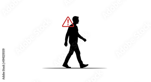 Silhouette of a man walking with a prominent red triangular warning sign indicating caution or