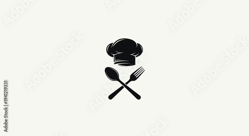 Professional culinary emblem featuring chef's toque with crossed spoon and fork silhouette for
