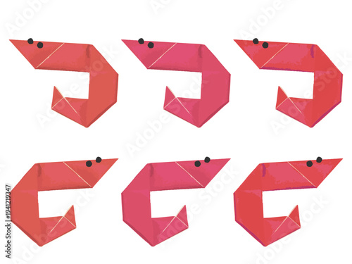 折り紙風のエビのイラストセット：ペーパークラフト調の可愛いシーフードアイコン