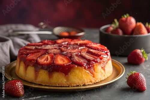 Moist Strawberry Upside-Down Cake Dessert on Dark Background